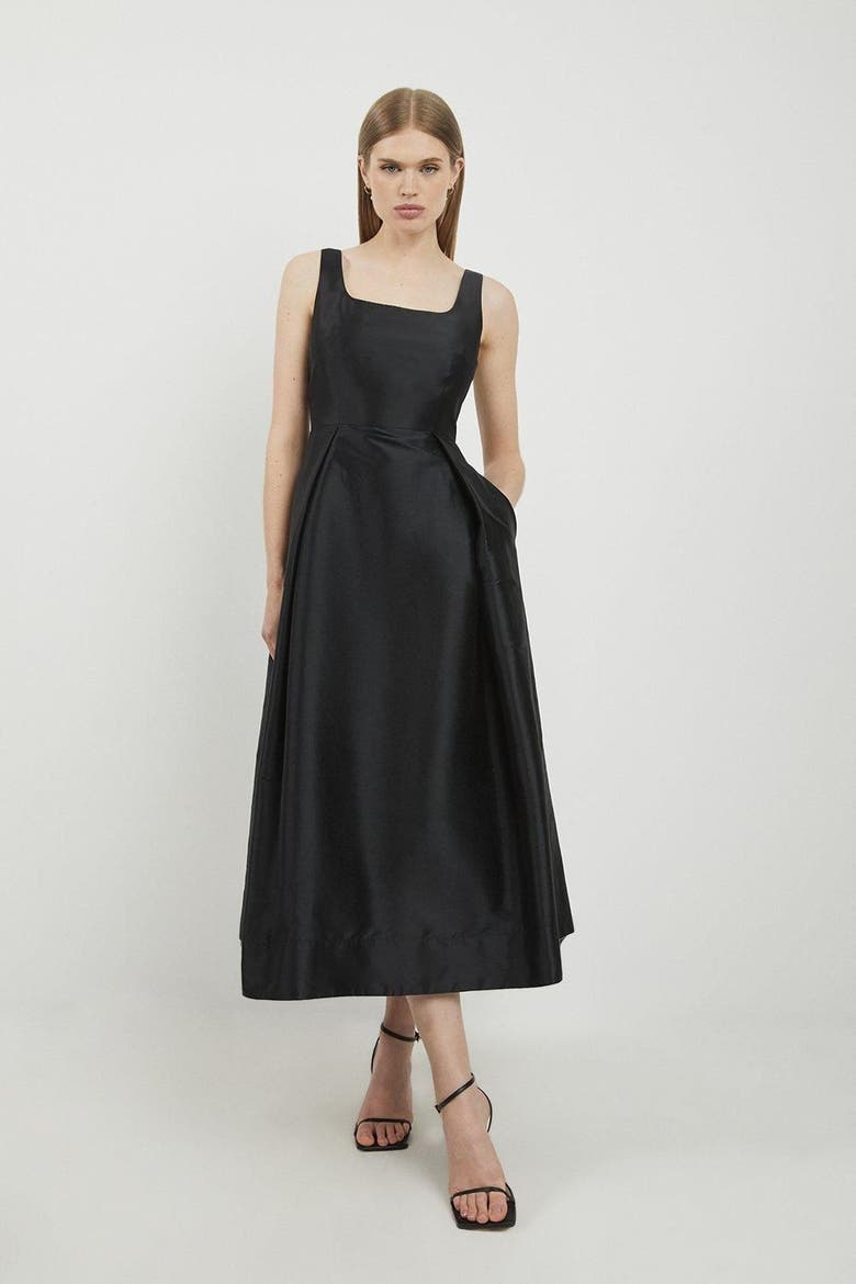 Taffeta Full Skirt Tailored Midi Dress, Main, color, Black
