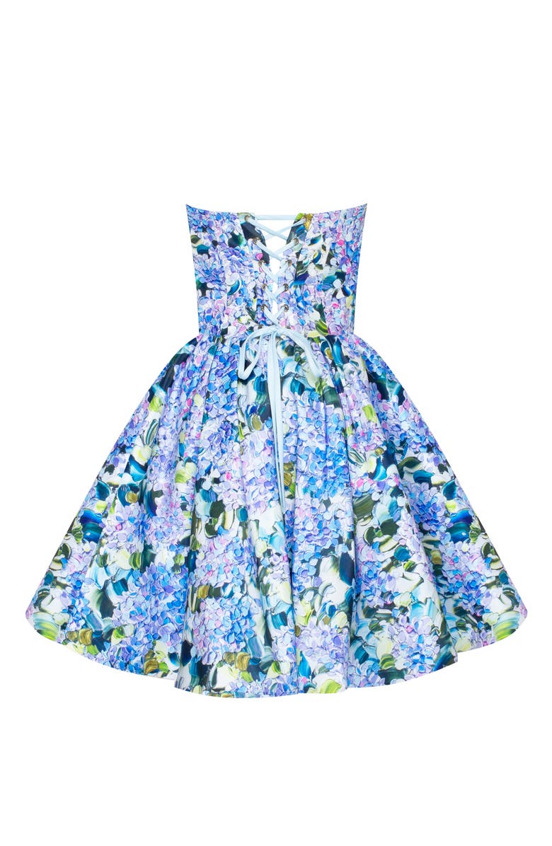 Milla Fitted Corset A-Line Mini Dress in Hydrangea Print for Cocktail Events, Alternate, color, Hydrangea