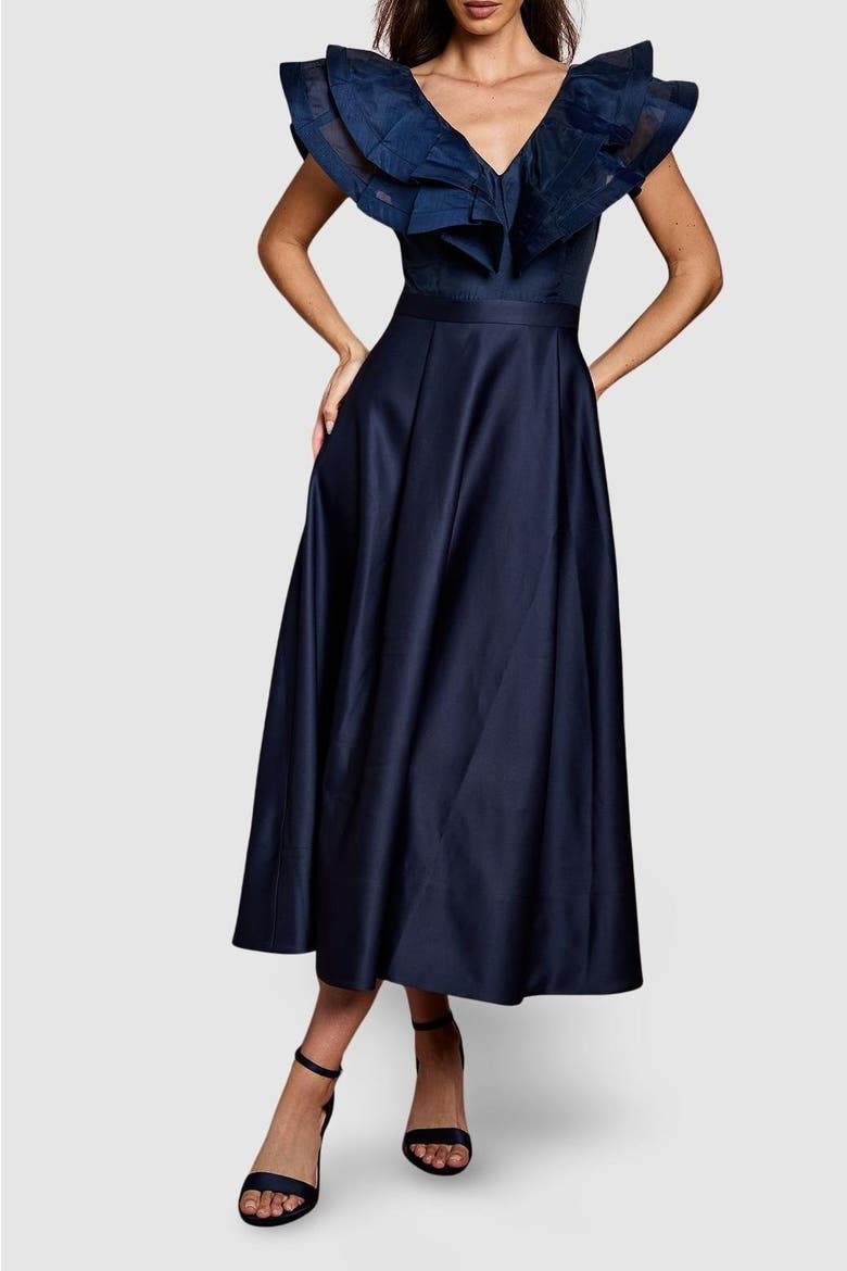 Frill Shoulder Midi Dress, Alternate, color, Navy