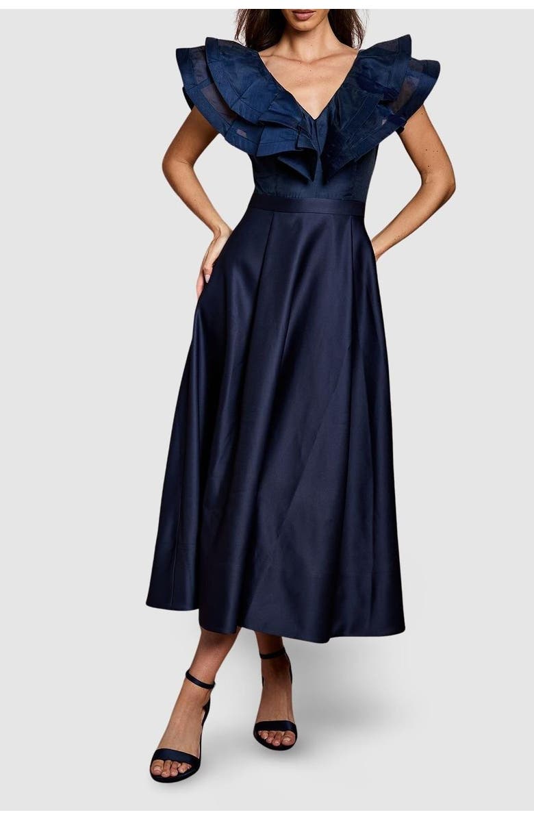 Coast Frill Shoulder Midi Dress, Alternate, color, Navy
