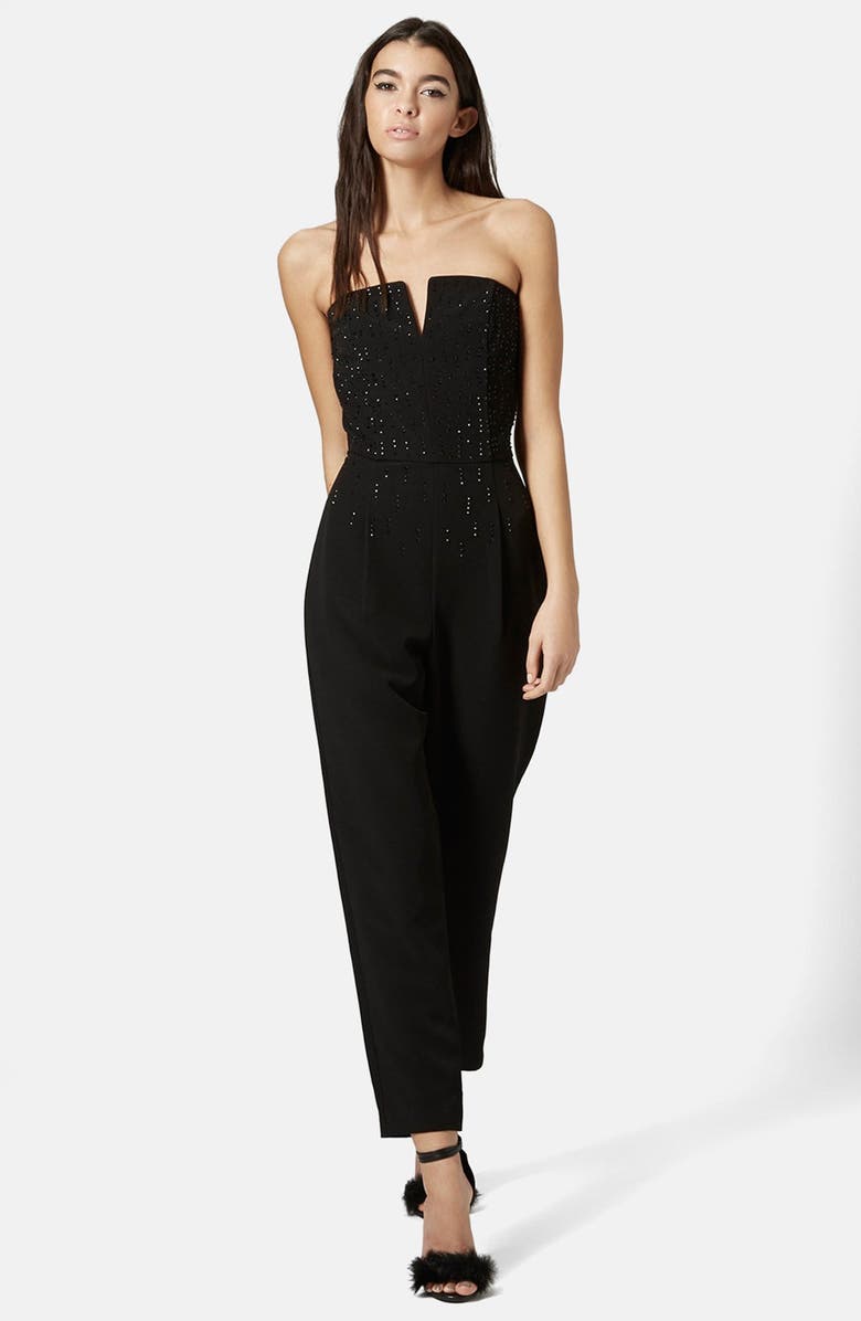 Topshop Embellished Bandeau Jumpsuit, Main, color, 