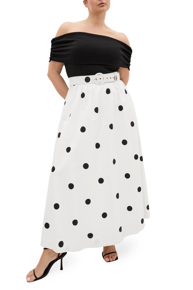 Anita Mixed Media Off the Shoulder Maxi Dress, Main, color, BLACK POLKA