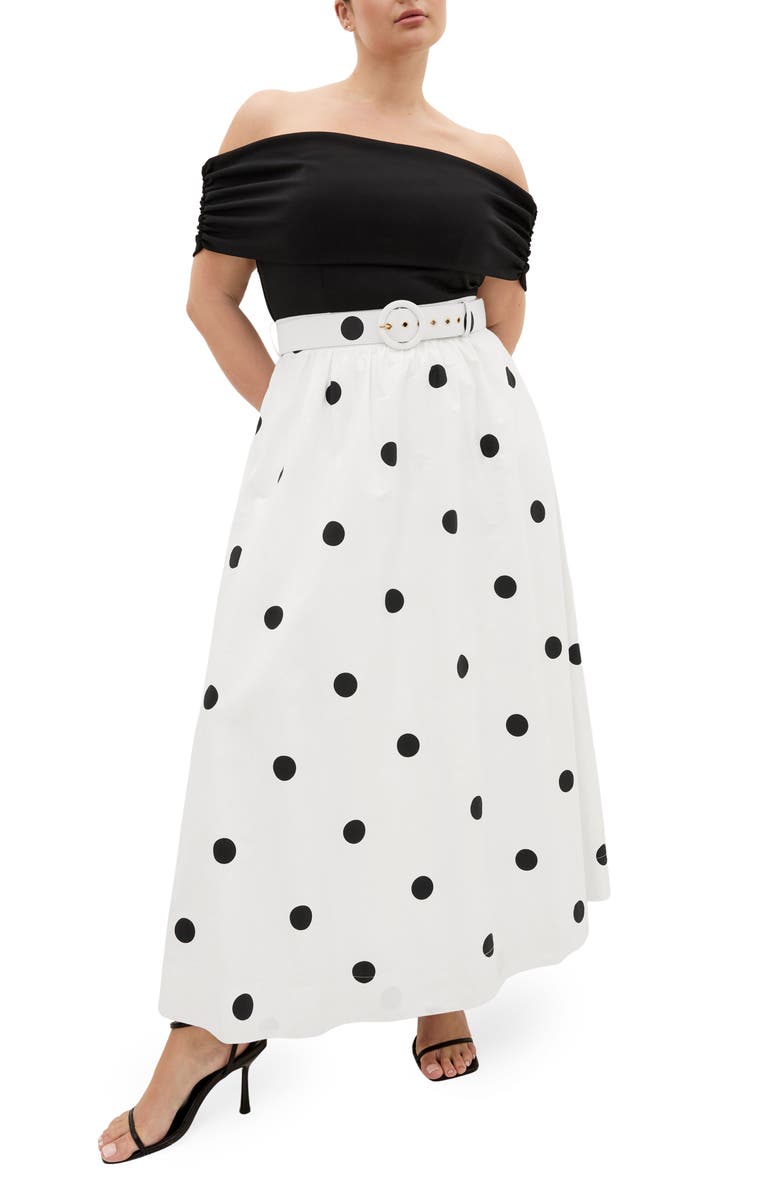 City Chic Anita Mixed Media Off the Shoulder Maxi Dress, Main, color, Blk Polka