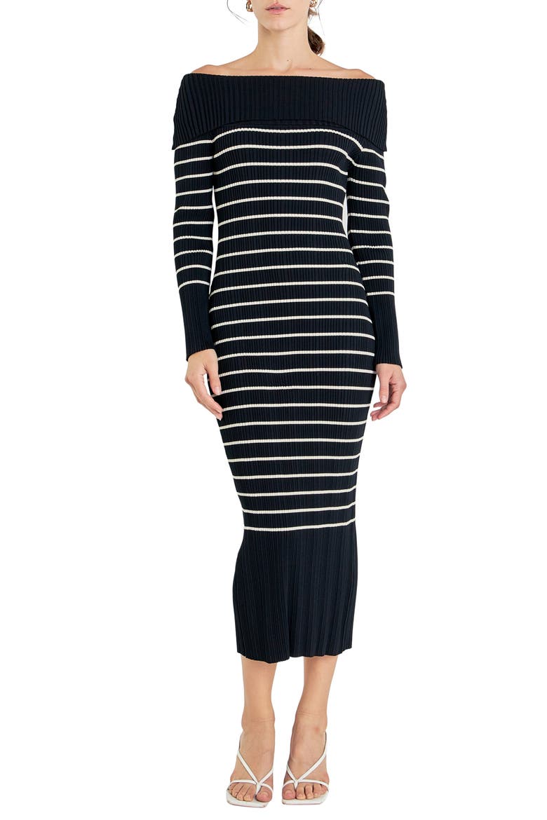 Stripe Off the Shoulder Long Sleeve Sweater Dress, Main, color, BLACK STRIPED