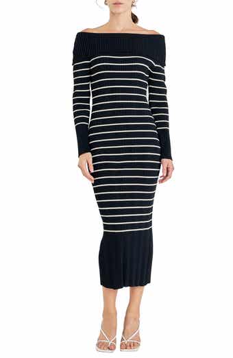 Stripe Off the Shoulder Long Sleeve Sweater Dress