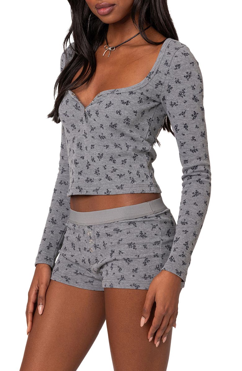 EDIKTED Lavender Floral Waffle Stitch Top, Alternate, color, Gray Melange