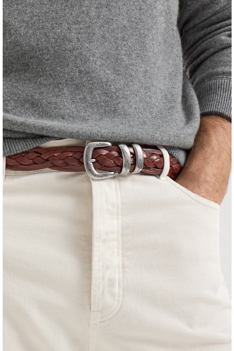 Braided calfskin belt with detailed buckle and tip, Alternate, color, Tobacco