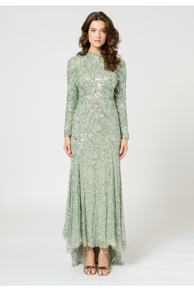 Modest Embellished Sequin Beaded Maxi Trail Dress, Main, color, SAGE GREEN