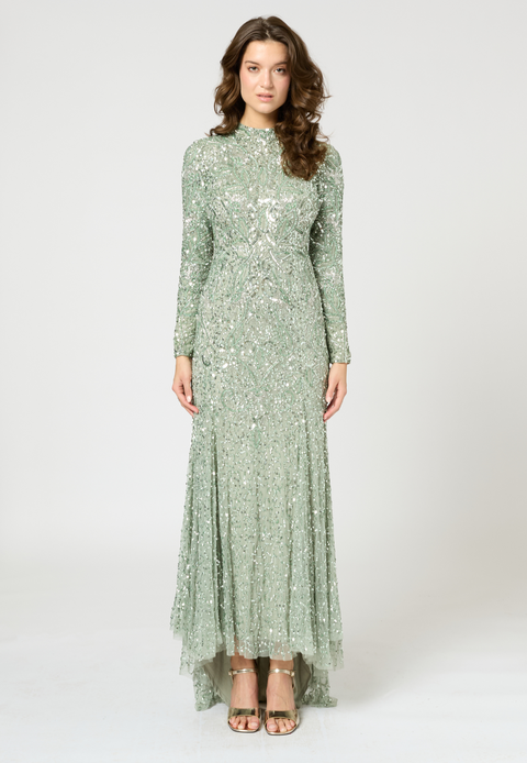 Modest Embellished Sequin Beaded Maxi Trail Dress