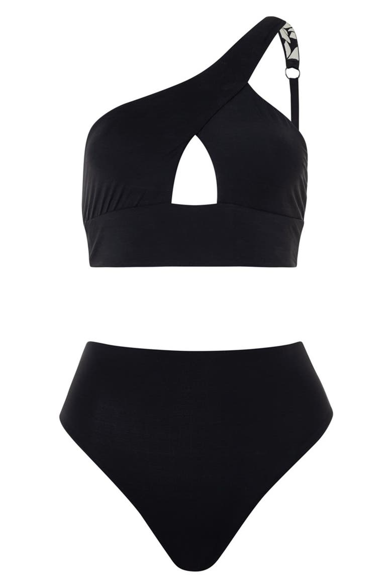 Tamara One-Shoulder Cutout Reversible Bikini Top, Alternate, color, BLACK