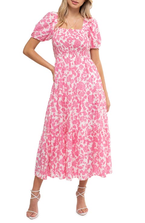 Floral Puff Sleeve Smocked Midi Dress