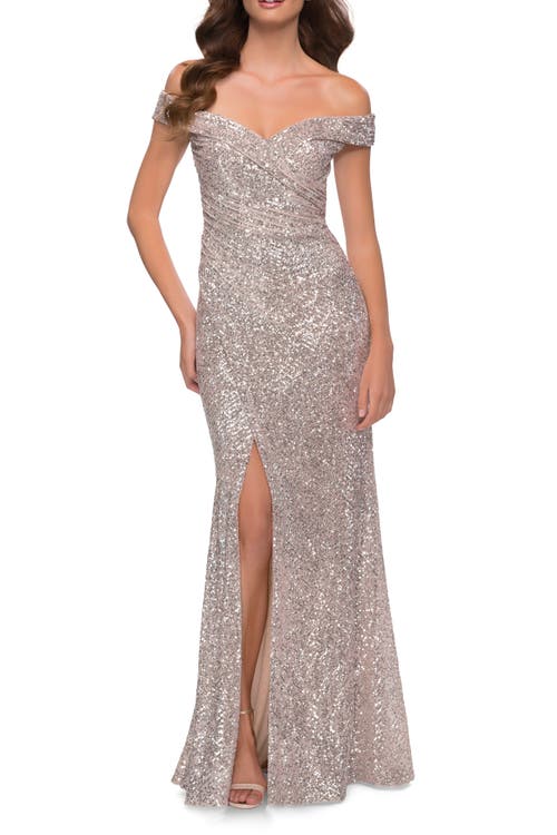 La Femme Off The Shoulder Ruched Sequin Dress With Slit In Silver