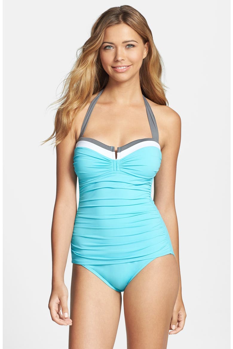 'Deck Piping' Shirred One-Piece Swimsuit, Main, color, CAPRI CAVE