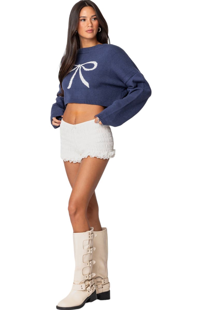 EDIKTED Bow Crop Sweater, Alternate, color, Navy