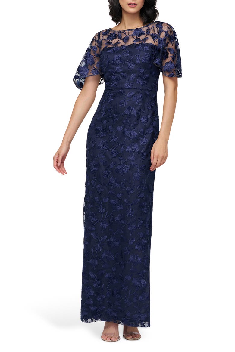 Brooke Floral Embroidered Column Gown, Main, color, NAVY
