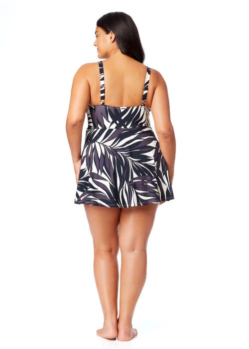 Anne Cole Plus Plus Palm Chic Surplice Twist Skirted Swimdress In Palm Chic