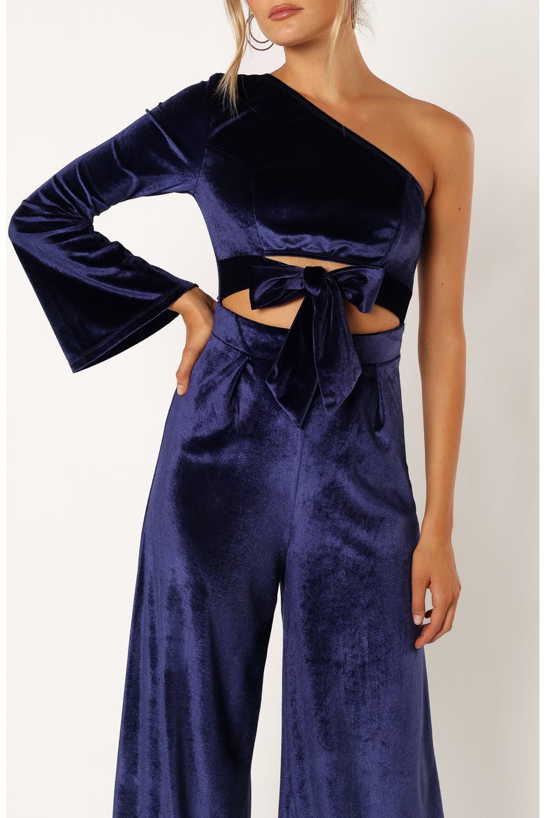 Avery One-Shoulder Velvet Jumspuit, Alternate, color, SAPPHIRE
