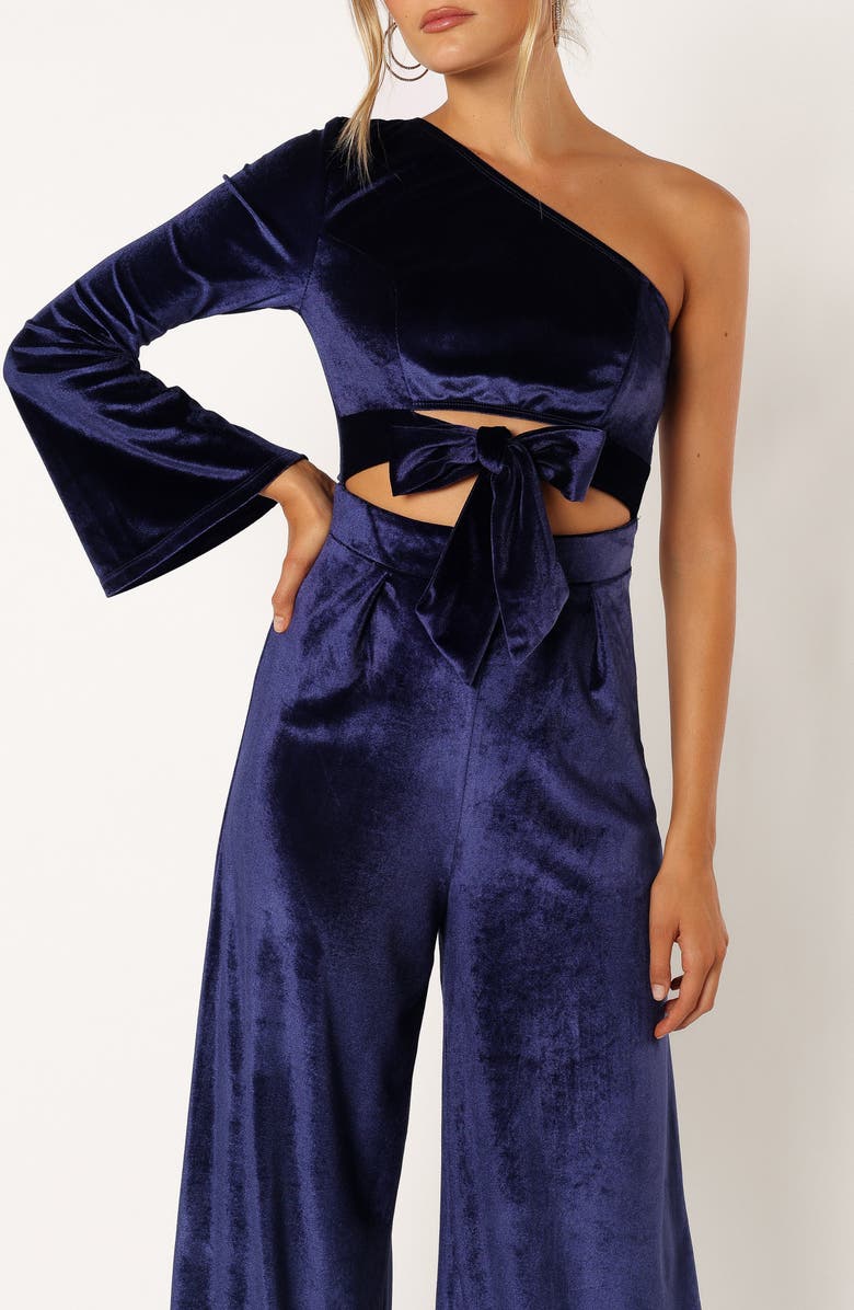 Petal & Pup Avery One-Shoulder Velvet Jumspuit, Alternate, color, Sapphire