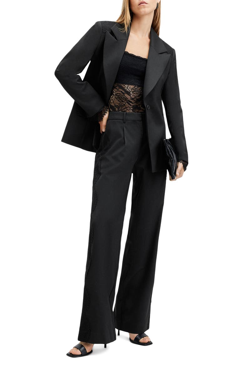 Lacey Lace Trim Flare Pants, Alternate, color, BLACK