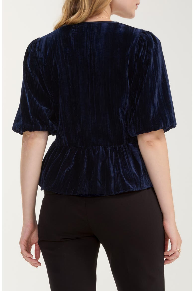 Tie Front Crinkle Velvet Peplum Top, Alternate, color, DARK BLUE