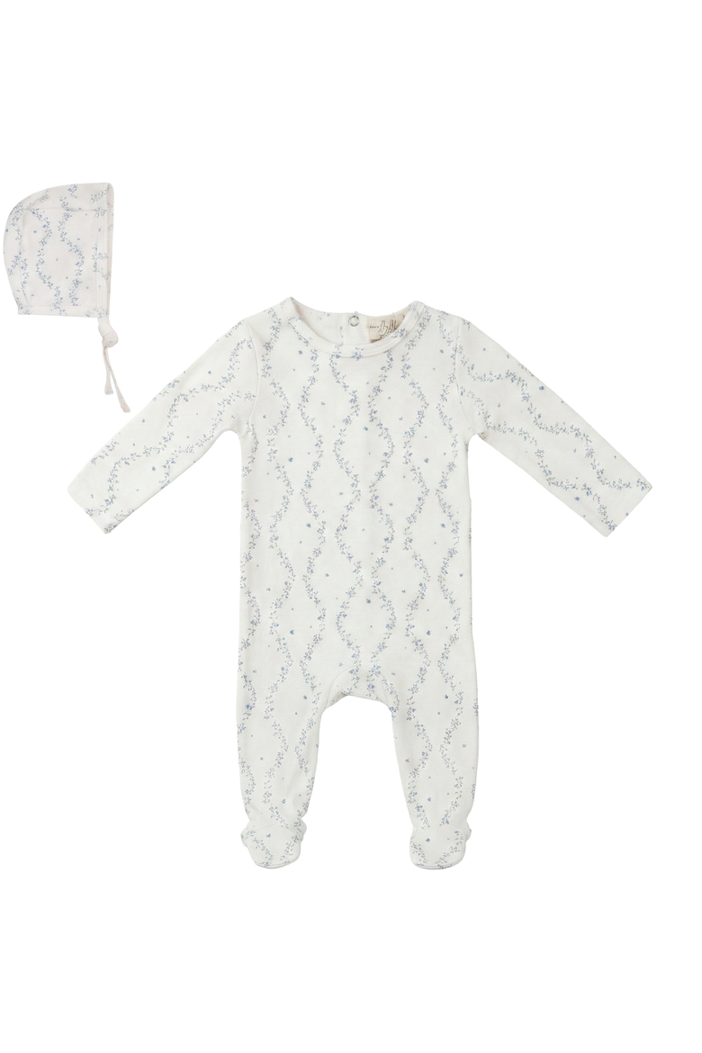 Boy Vine Print Footed Romper with Bonnet, Main, color, Ivory