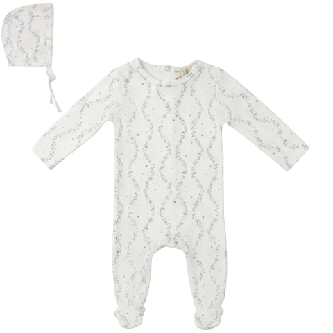 Boy Vine Print Footed Romper with Bonnet