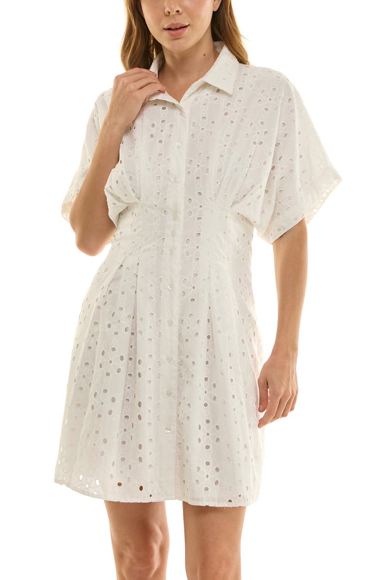 Nicole Miller Cotton Broderie Anglaise Mini Shirtdress, Alternate, color, Brilliant White