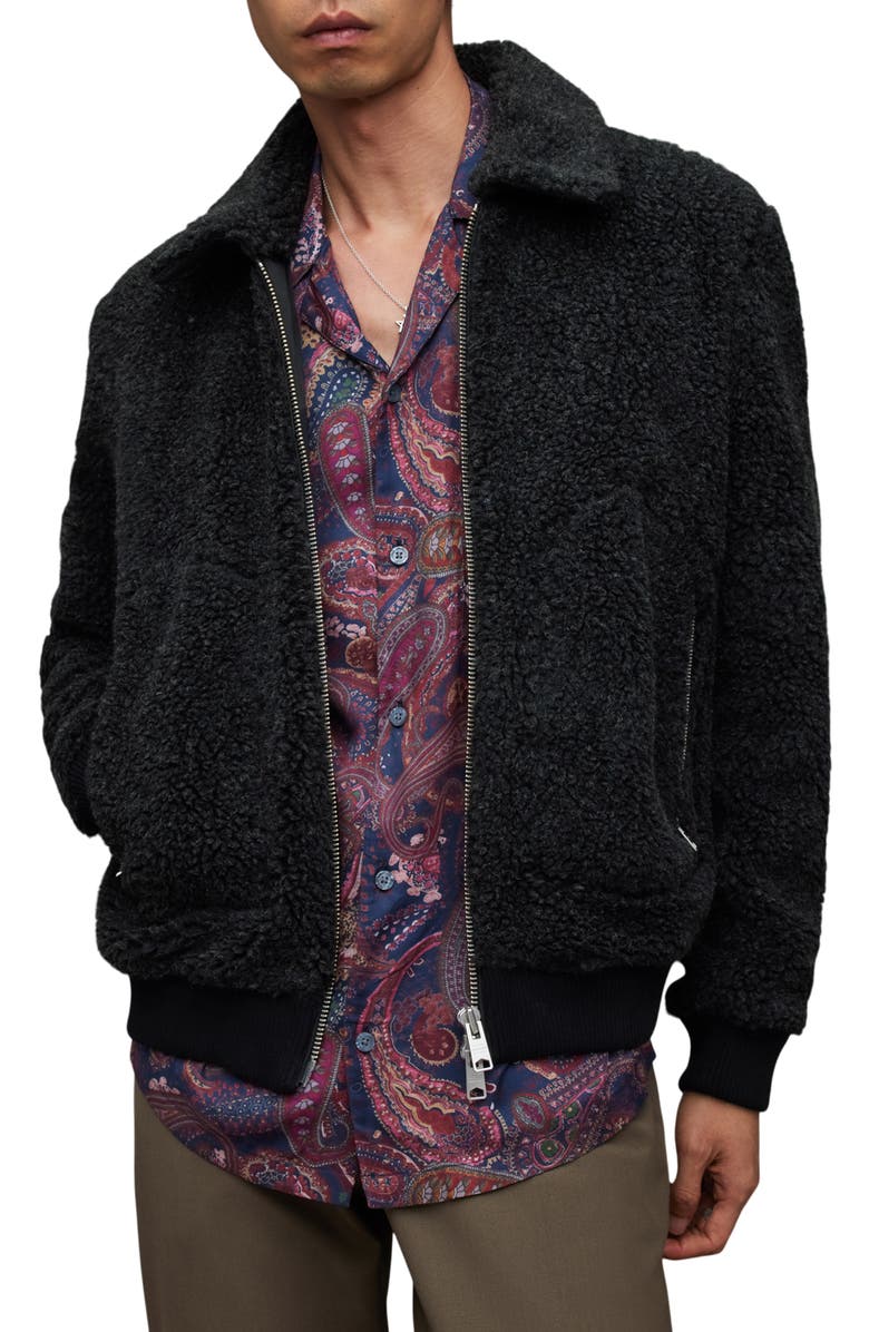 AllSaints Faux Shearling Buzz Bomber Jacket, Main, color,