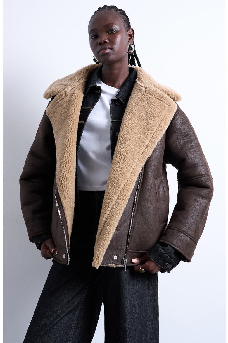 Faux Shearling Oversize Aviator Jacket, Main, color, BROWN
