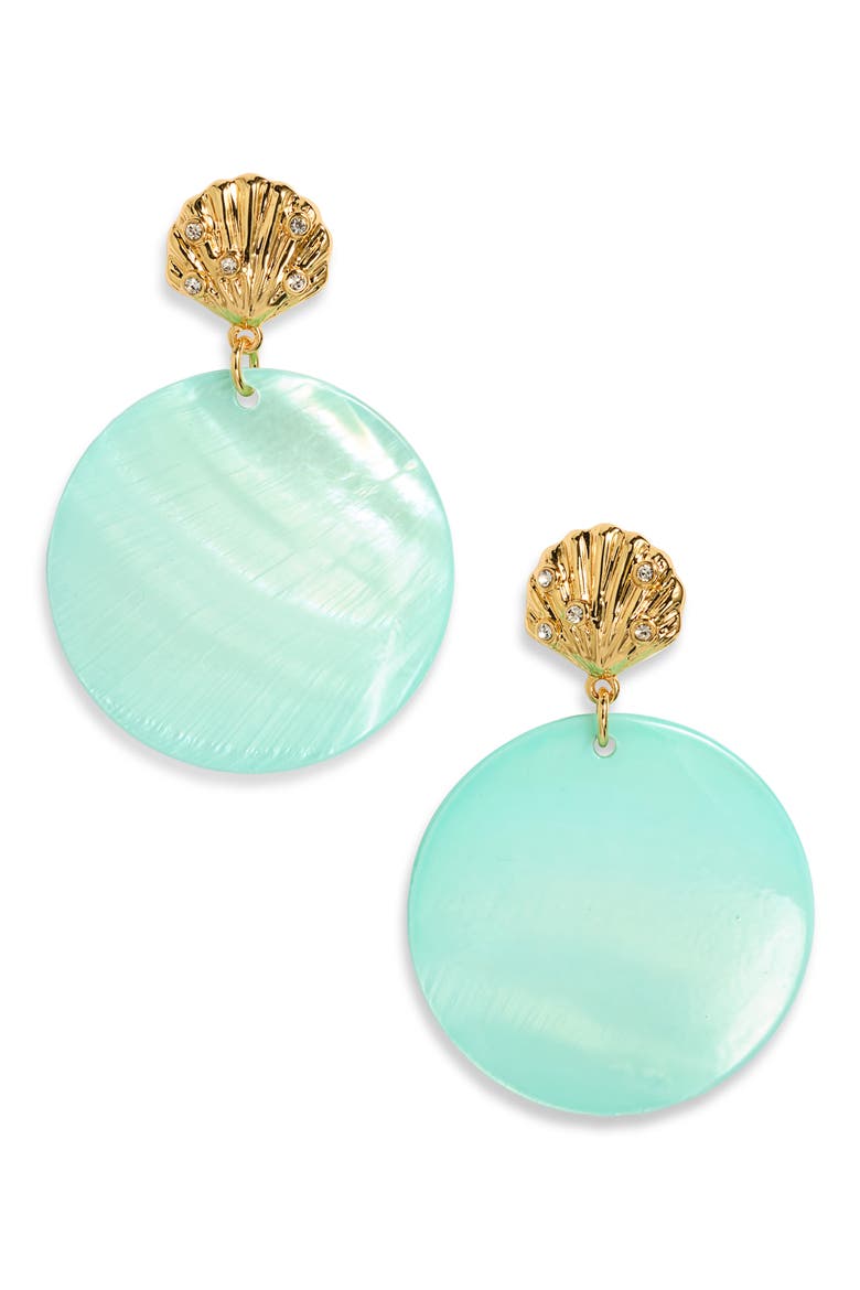 Oahu Shell Drop Earrings, Main, color, AQUA