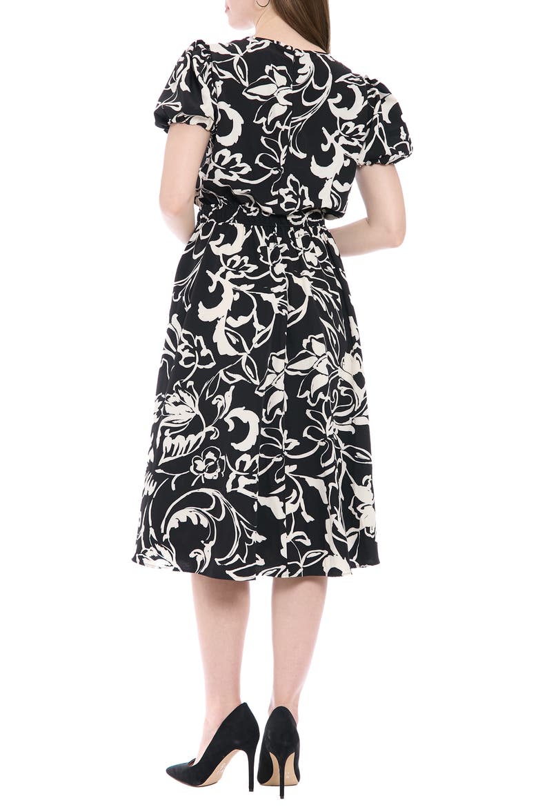Puff Sleeve Midi Dress, Alternate, color, BLACK/ BONE