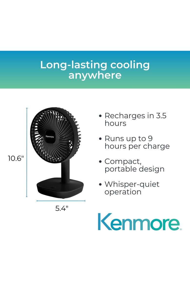 Kenmore Rechargeable 6 Inch Portable Fan Black, Alternate, color, Black