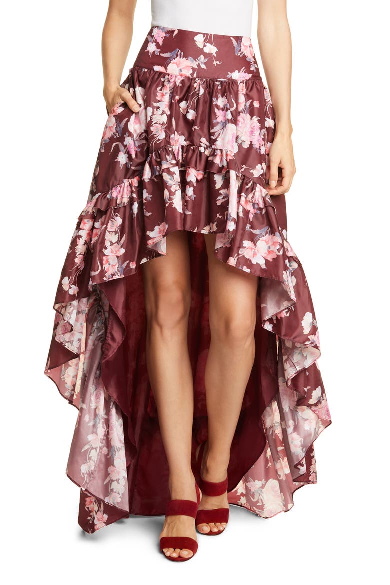 Kalista High/Low Ruffle Skirt, Main, color, OXBLOOD