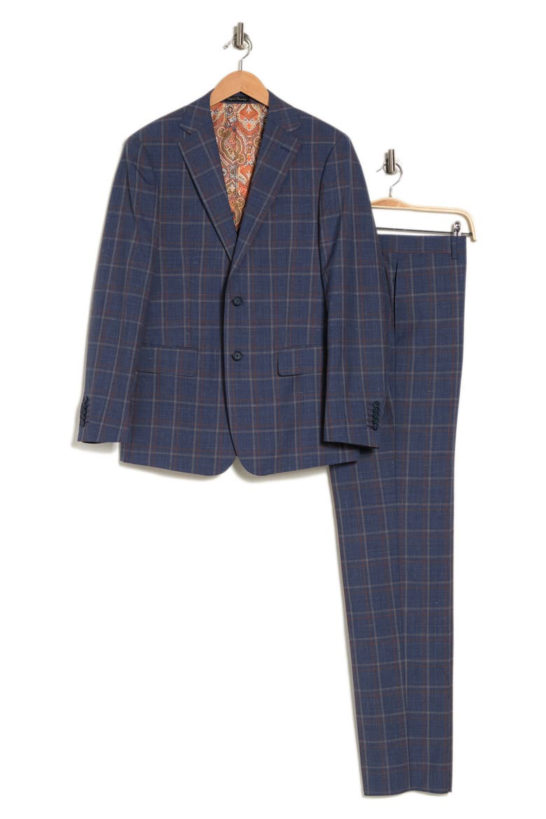 Plaid Two Button Notch Lapel Trim Fit Wool Blend Suit, Alternate, color, BLUE