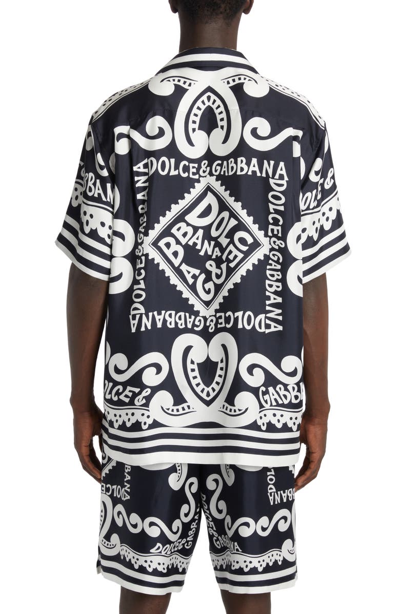 Dolce&Gabbana Marina Print Silk Twill Button-Up Shirt, Alternate, color, Marina Blue
