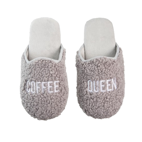 Coffee Queen Fabric Embroidered Slippers Small/Med Polyester Grey