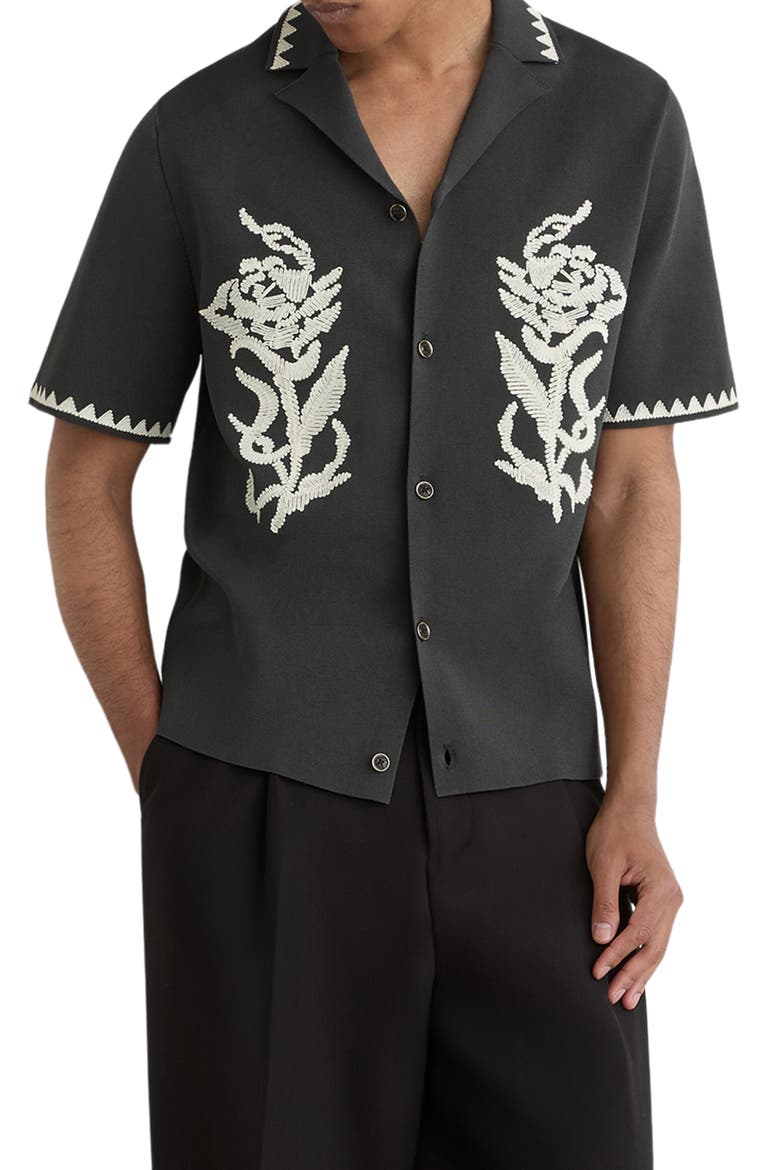 Folia Floral Embroidered Knit Camp Shirt, Main, color, ANTHRACITE GREY