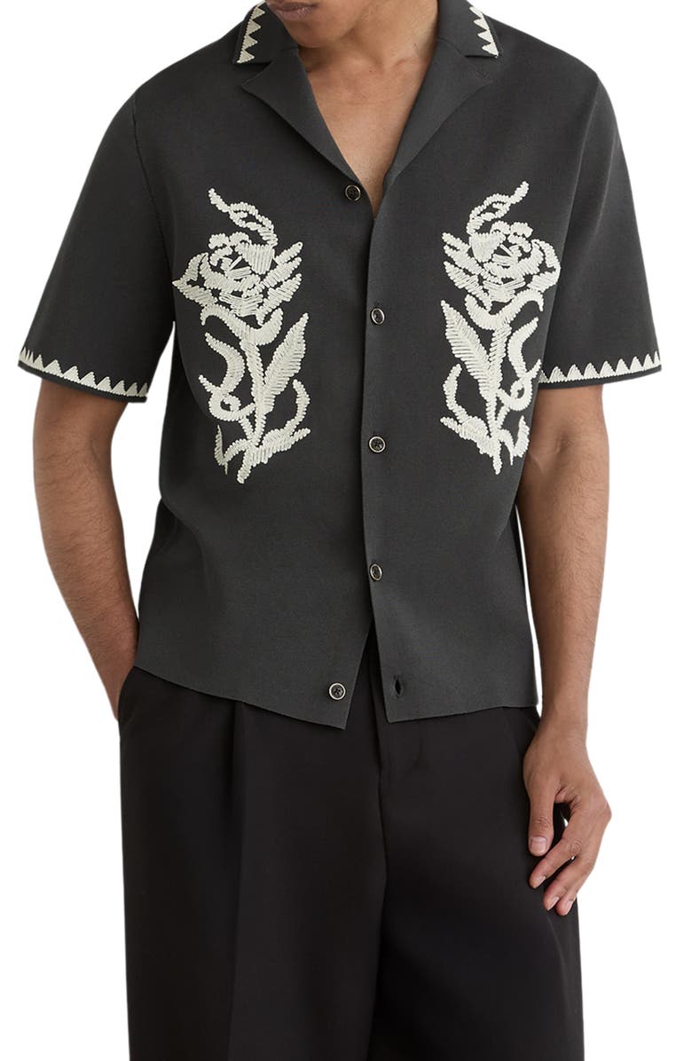 Reiss Folia Floral Embroidered Knit Camp Shirt, Main, color, Anthracite Grey