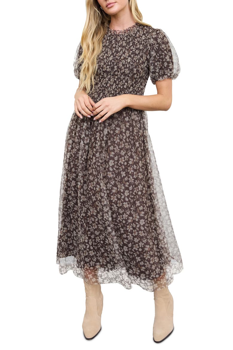 Floral Smocked Maxi Dress, Main, color, BROWN