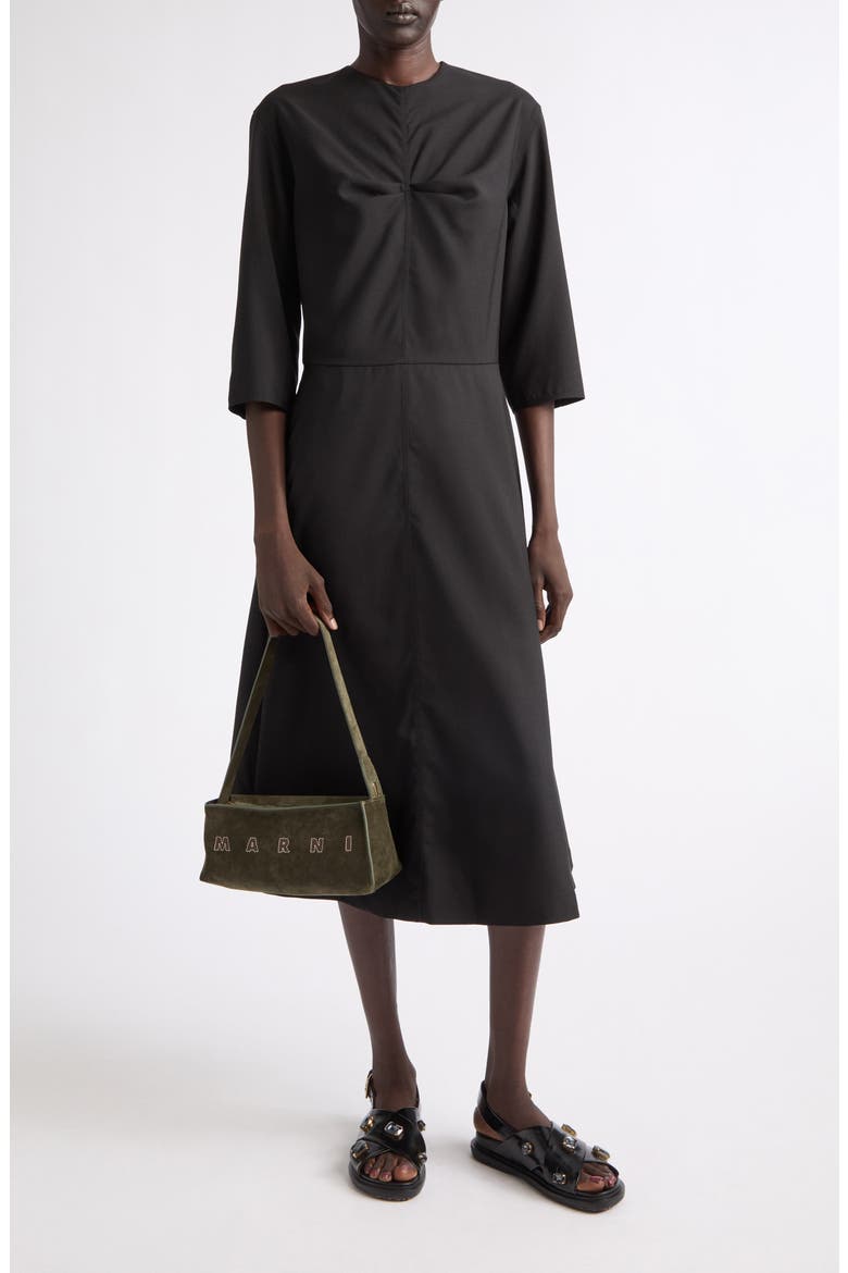 Pleat Bodice Wool Midi Dress, Main, color, 00N99 BLACK