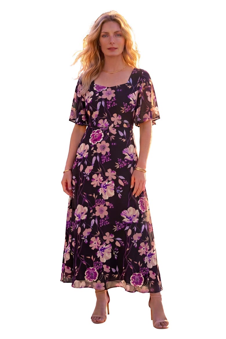 Hand Crinkled Flutter Sleeve Maxi Dress, Main, color, BLACK MAUVE