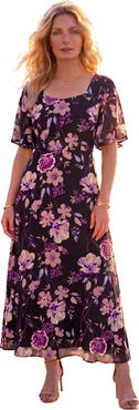 Roaman's Hand Crinkled Flutter Sleeve Maxi Dress