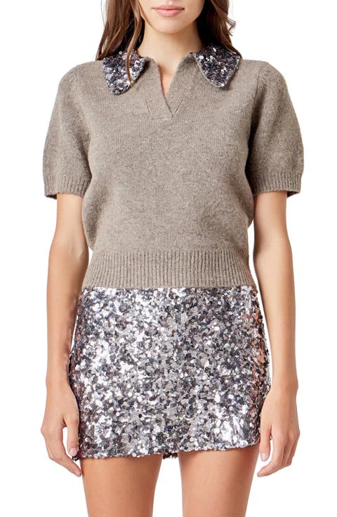 Sequin Collar Short Sleeve Sweater