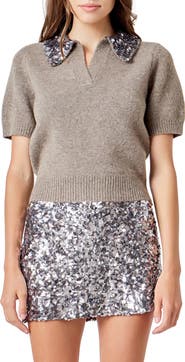 Endless Rose Sequin Collar Short Sleeve Sweater