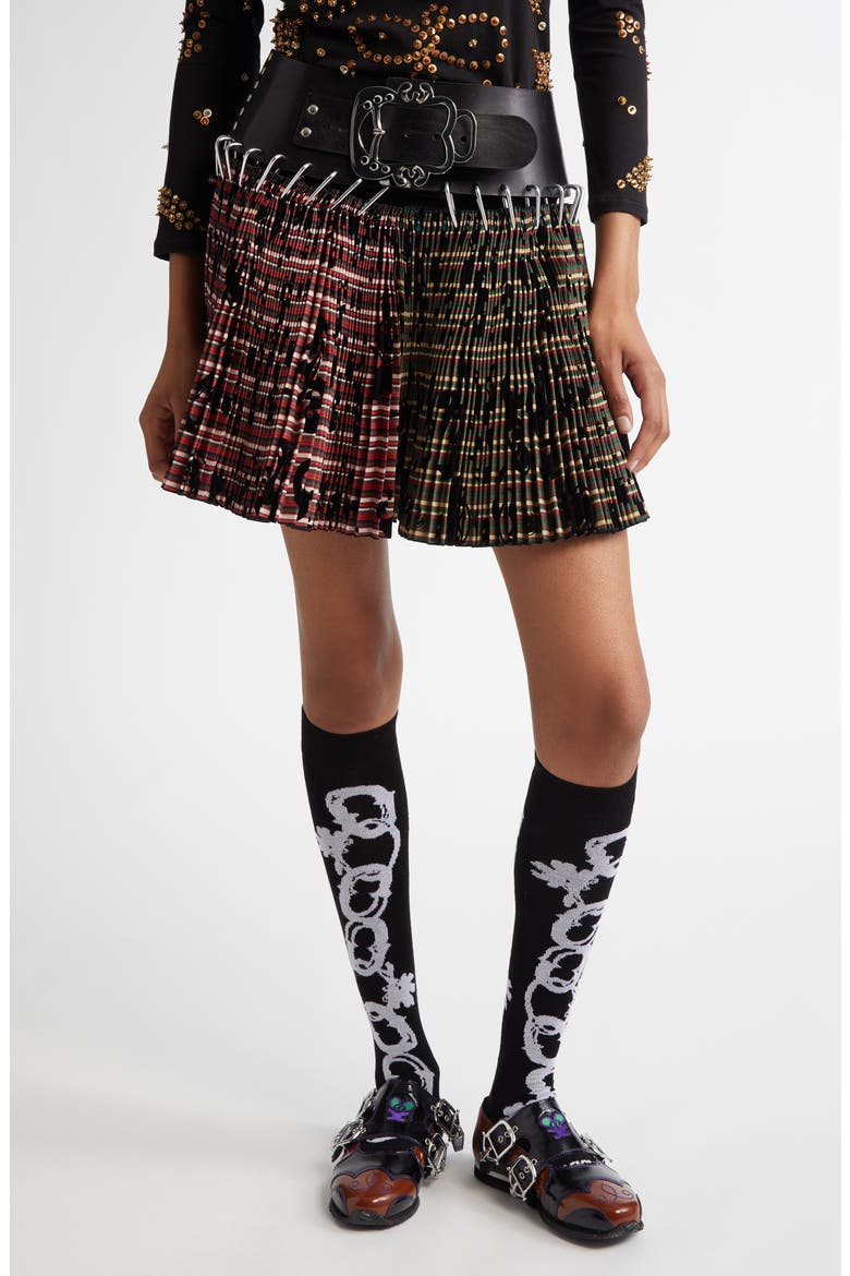 Roberta Mixed Plaid Pleated Carabiner Miniskirt, Main, color, RED AND GREEN