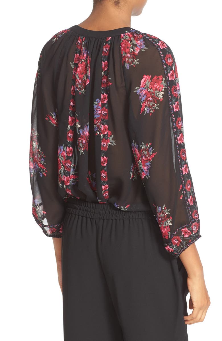 Joie 'Gloria' Floral Print Silk Peasant Top, Alternate, color, Caviar