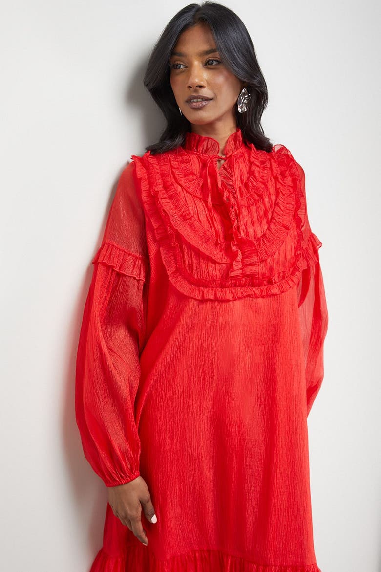Crinkle Stripe Frill Midi Dress, Alternate, color, Red