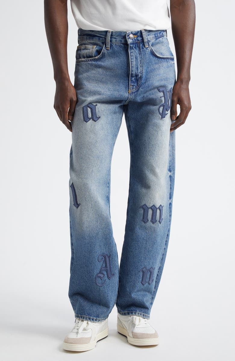 Palm Angels Logo Patch Straight Leg Jeans, Main, color, 