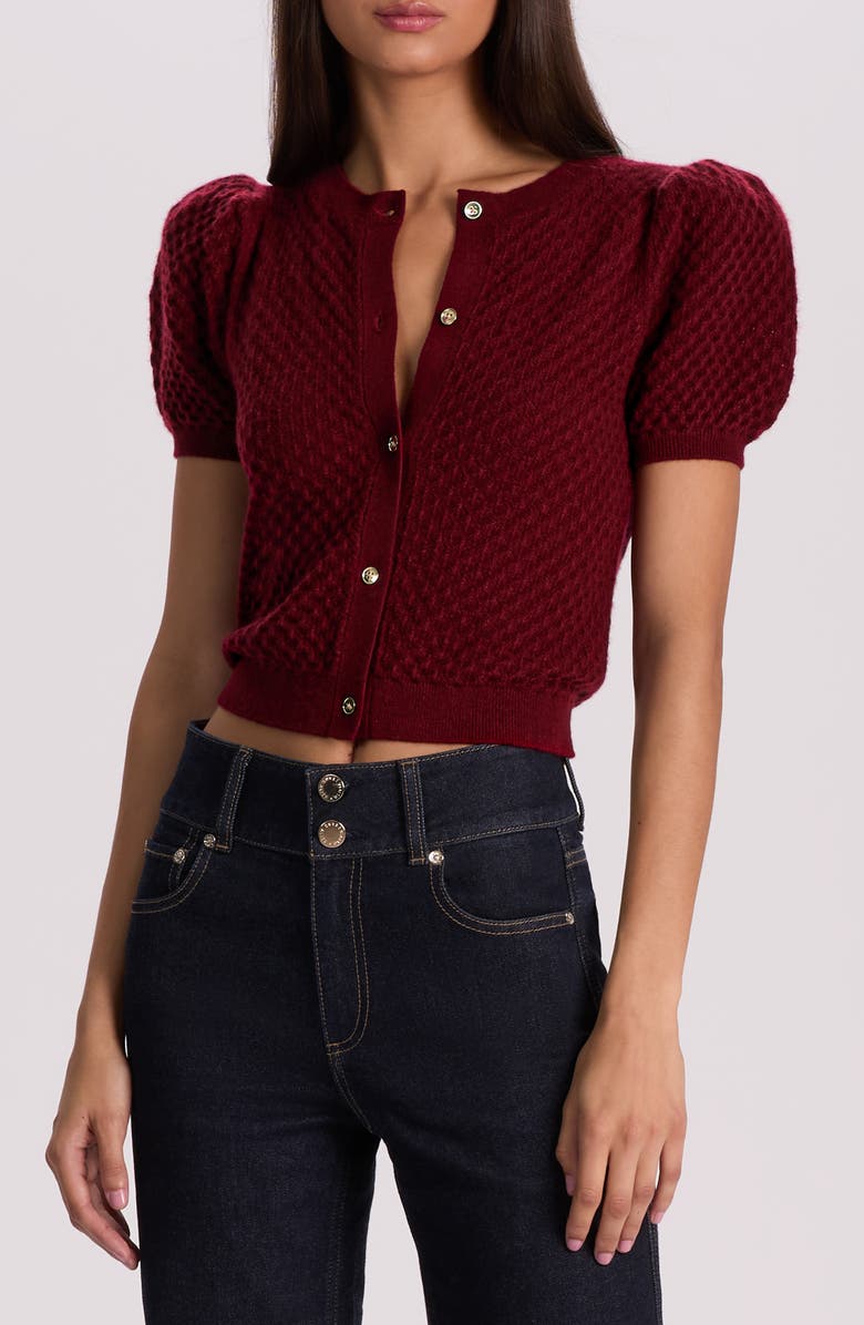 Alice + Olivia Sabine Puff Sleeve Crop Cashmere Blend Sweater, Main, color, Oxblood