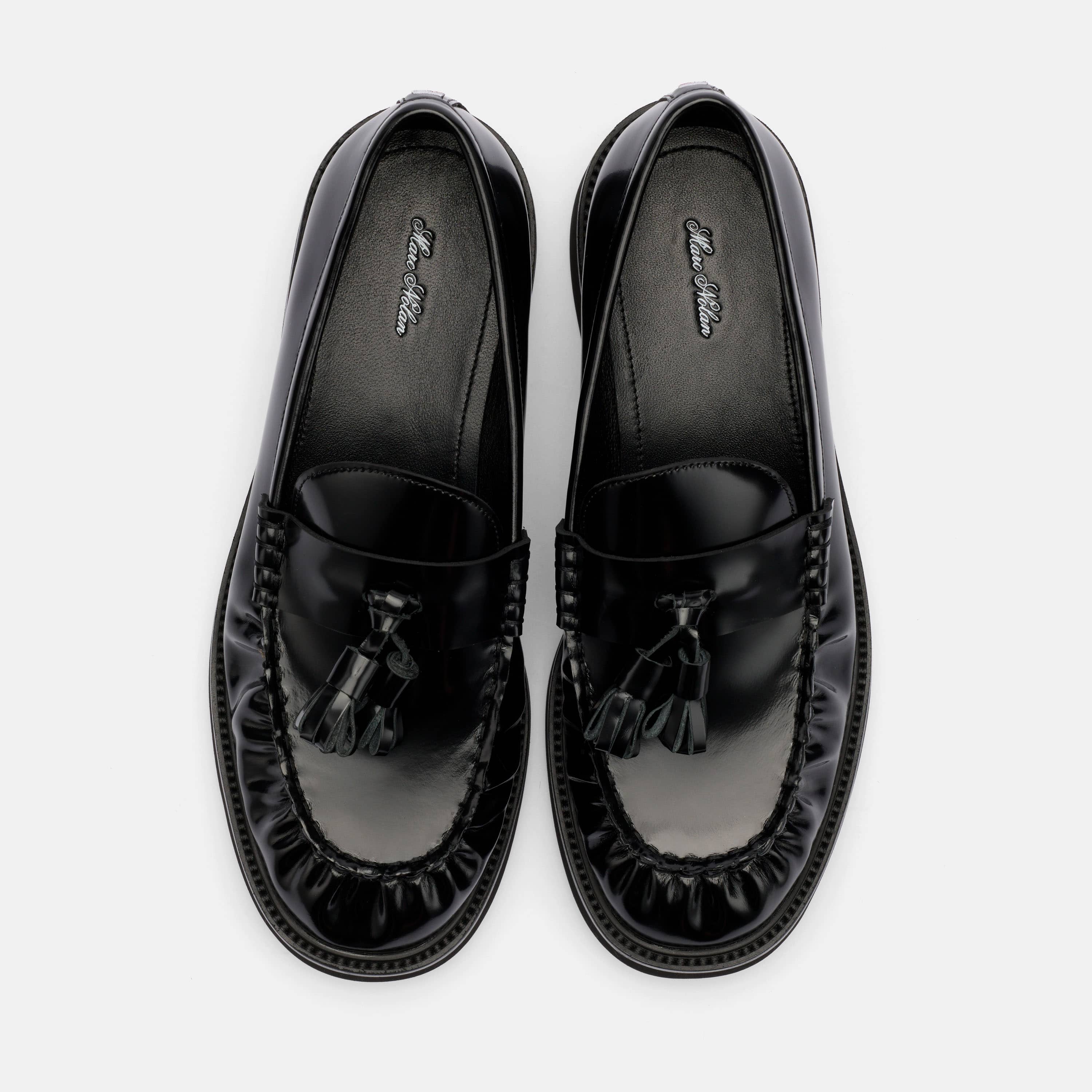 Ella Black Pleated Leather Tassel Loafer, Alternate, color, Black